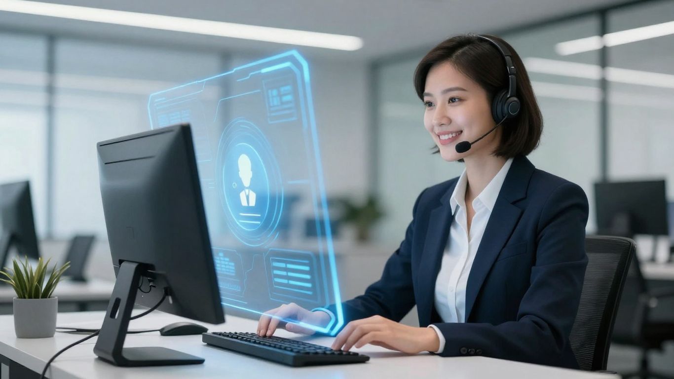 AI virtual receptionist voice interface in a modern office.