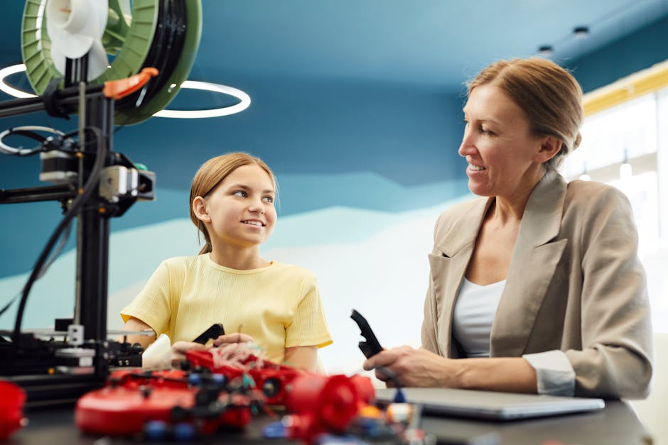 A vibrant workspace filled with 3D printers, tools, and engineers discussing a project, showcasing collaboration and innovation in the 3D printing service business.