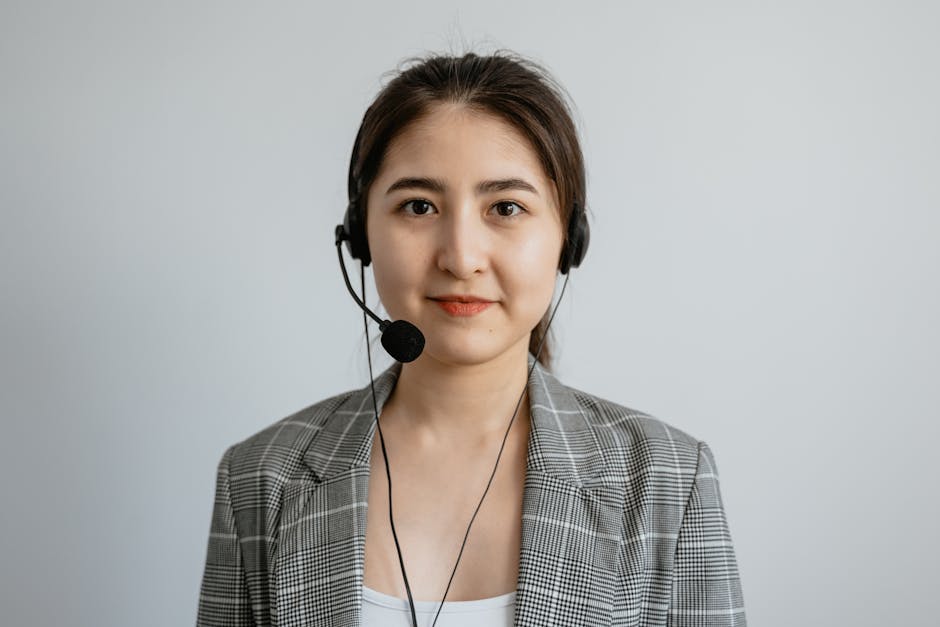 An imaginative image of a futuristic customer service representative assisting clients through AI technology, with vibrant colors highlighting engagement and communication.