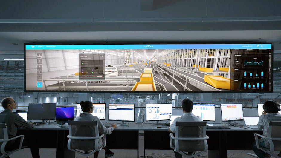 A bustling office setting where a digital interface displays automated calling statistics, highlighting efficiency and modernity.
