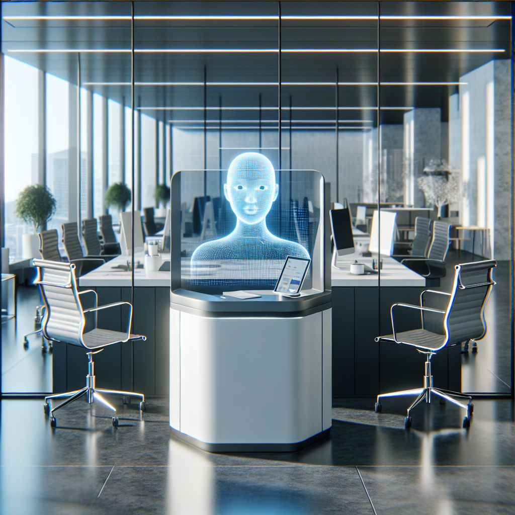 A modern office environment with an AI receptionist interface displayed on a screen