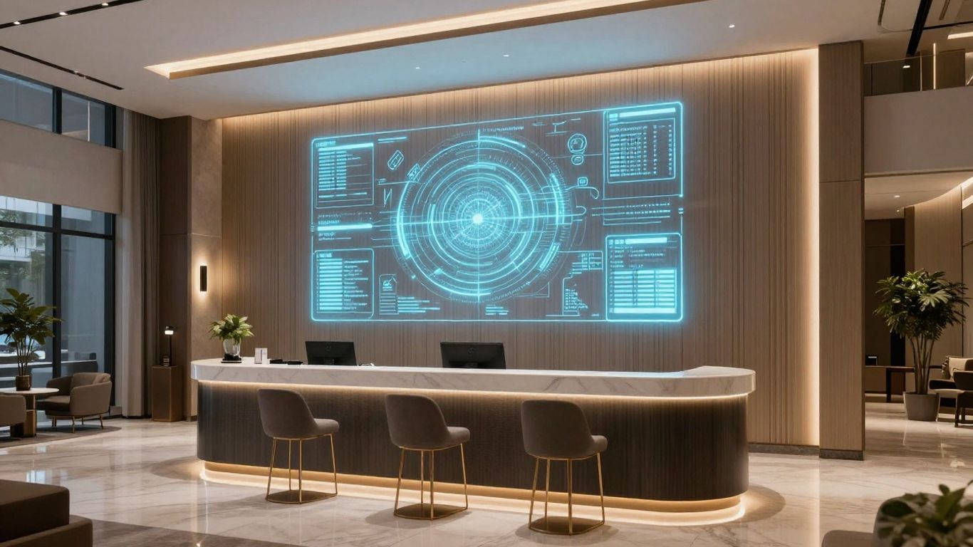 Hotel lobby with futuristic AI interface