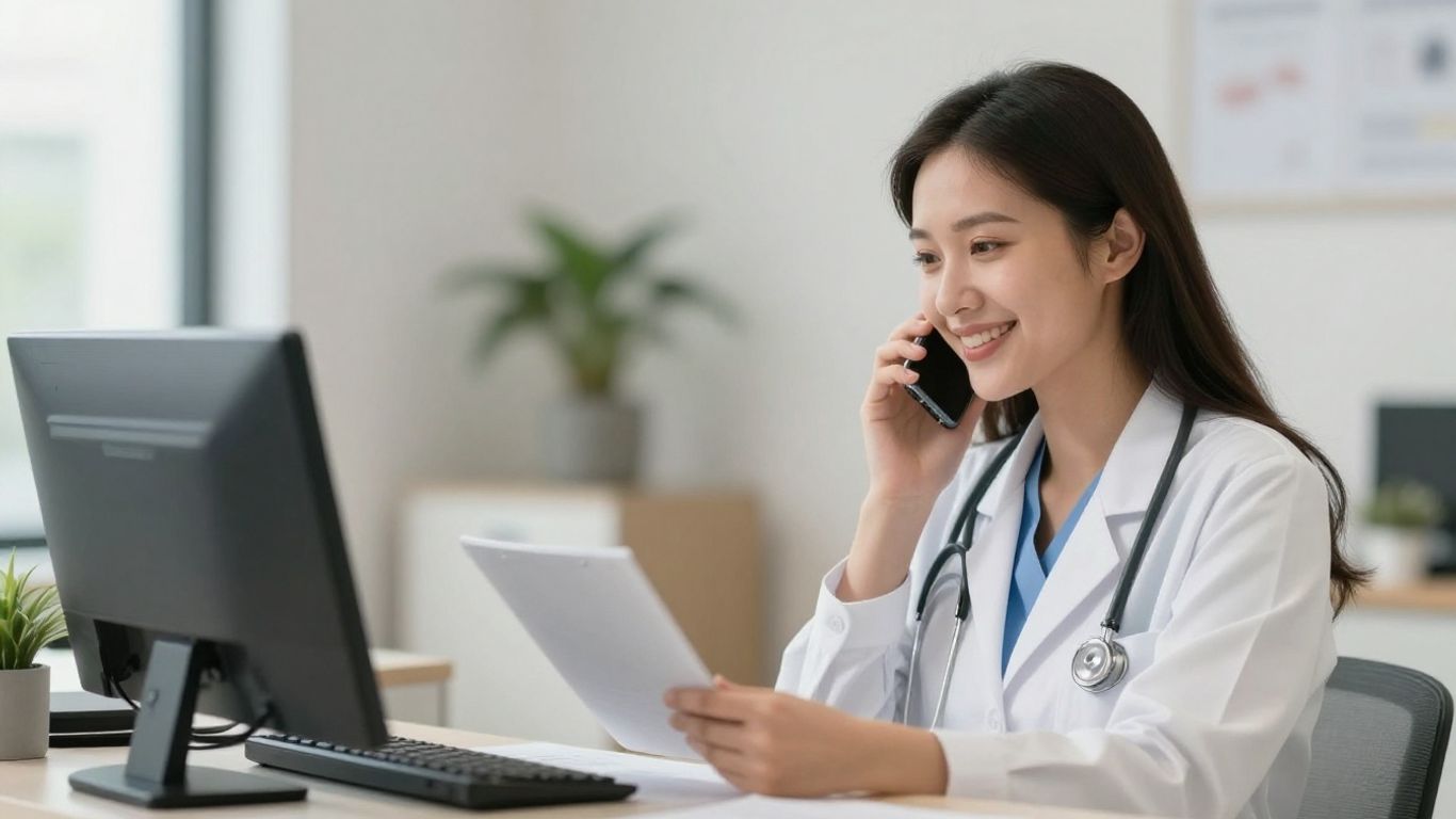 Medical receptionist answering phone with a smile.