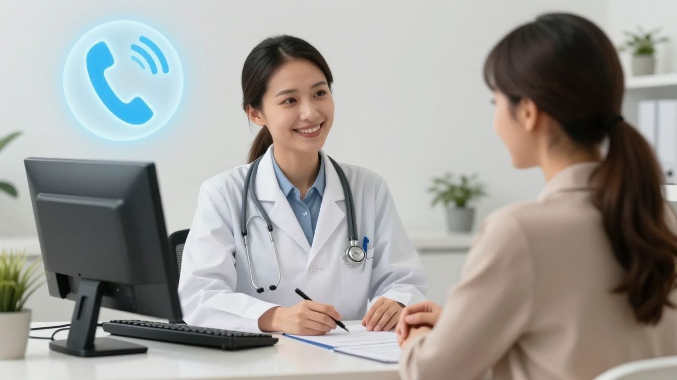 Medical receptionist answering a phone call in an office.
