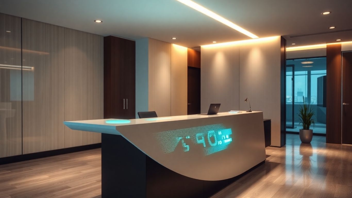 Modern reception desk with glowing AI interface