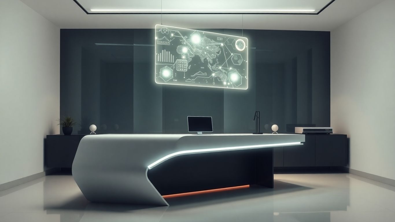 Futuristic desk with glowing digital interface in modern office