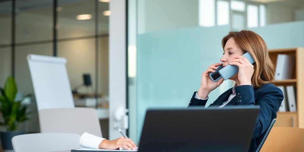 Real estate agent smiling, speaking on phone, office background.