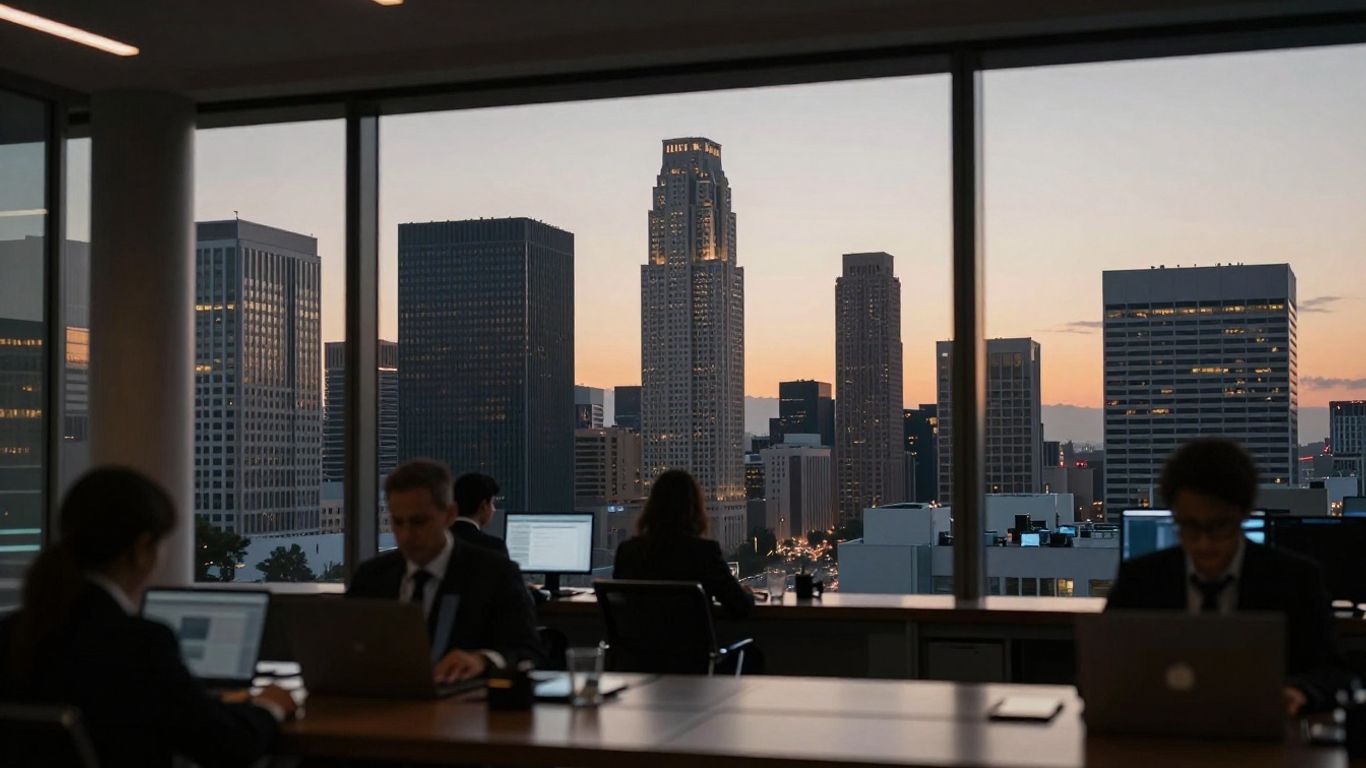 Los Angeles skyline with modern office building at dusk.