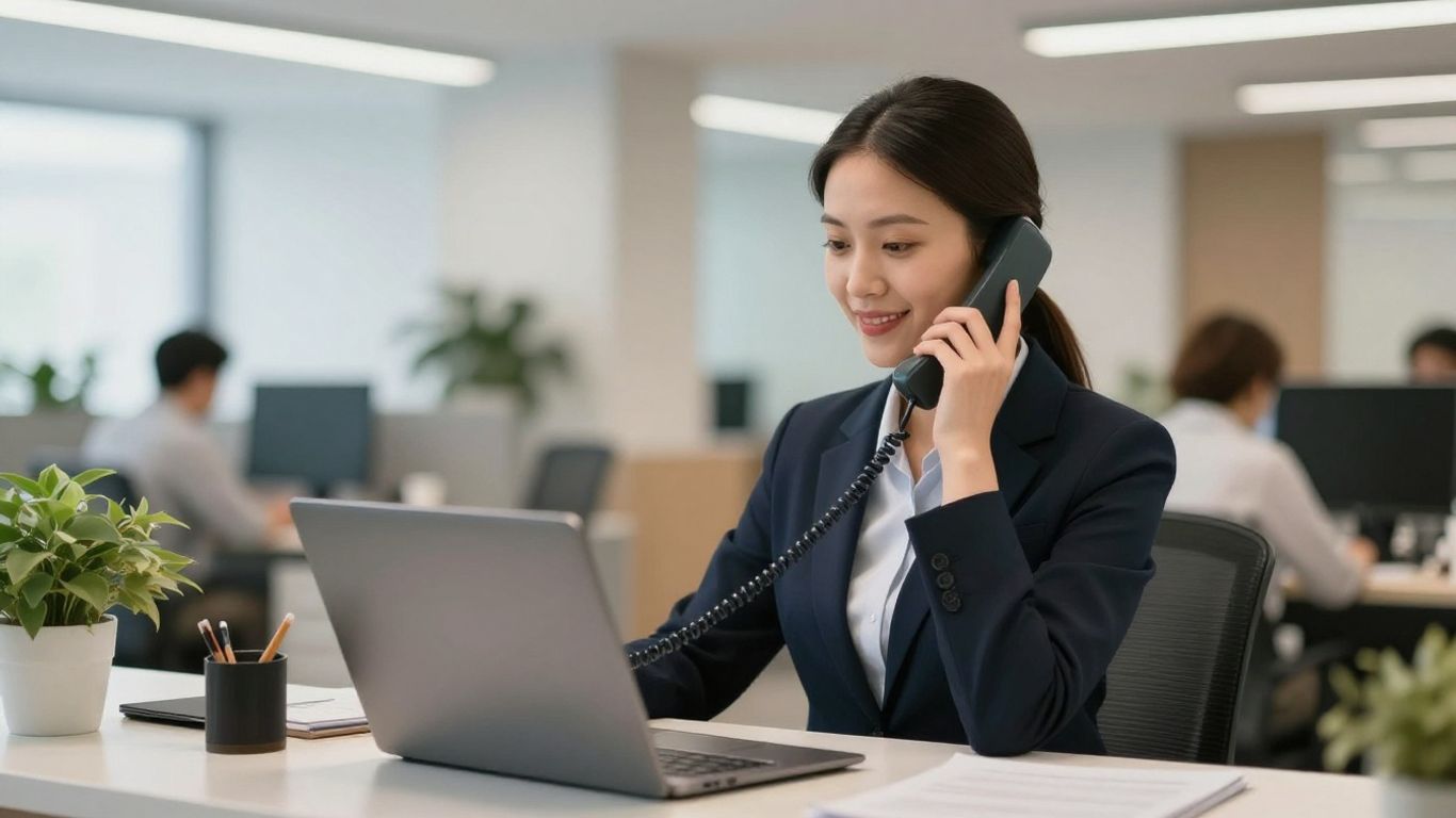 Property manager answering a phone call in an office.