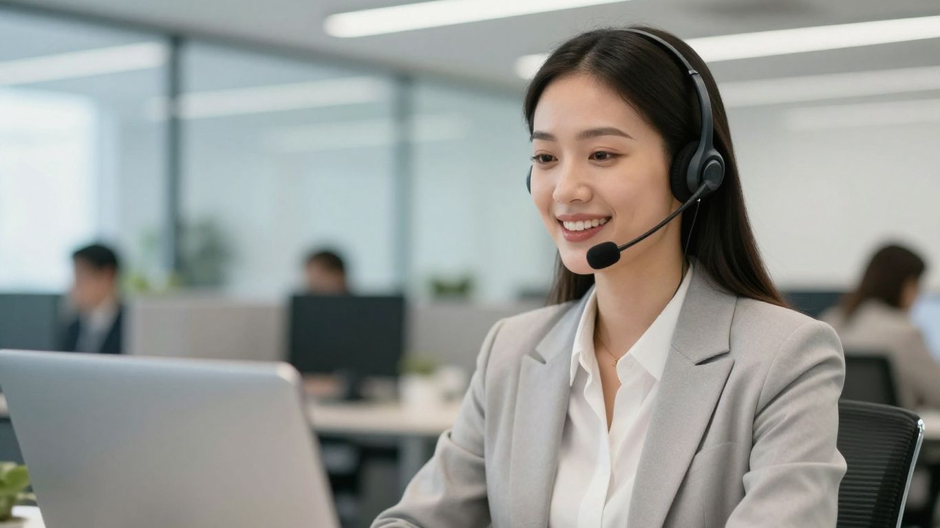 Property manager using a call answering service headset.