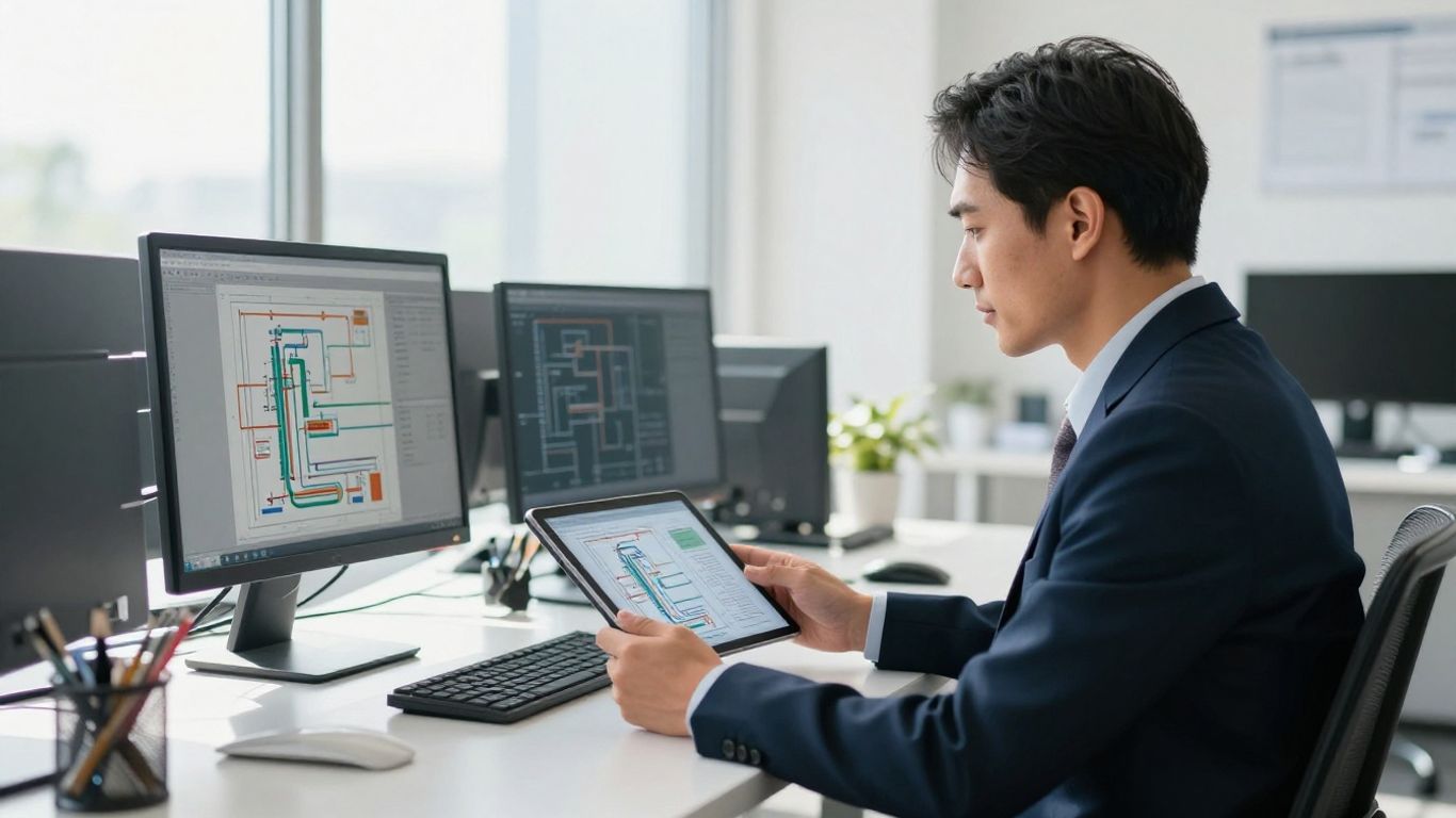 Businessperson managing HVAC systems with a tablet.