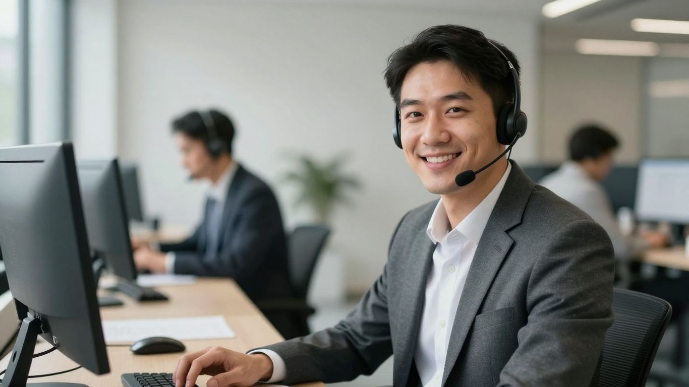 HVAC call center agent with headset, professional office.