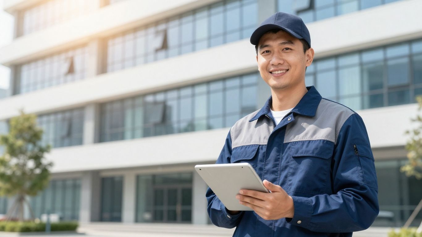 HVAC contractor with tablet outside office building.