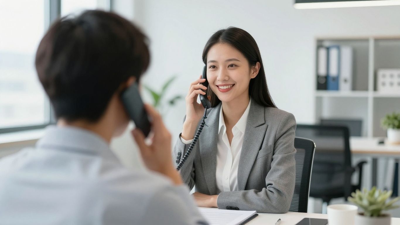 Professional answering phone in a modern office.