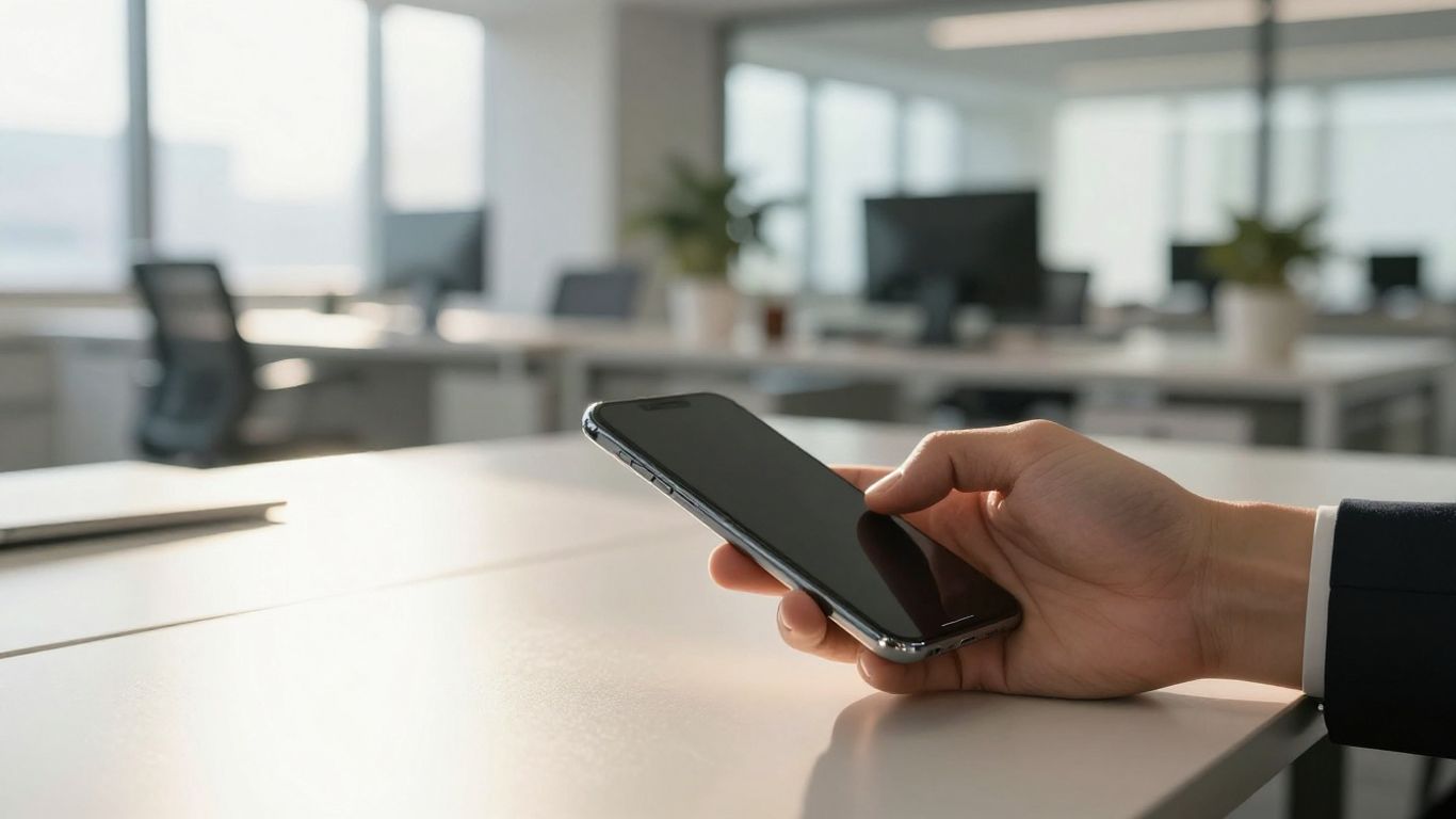Modern office with smartphone on desk