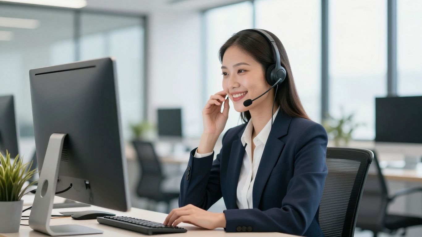 Professional receptionist answering calls in a modern office.