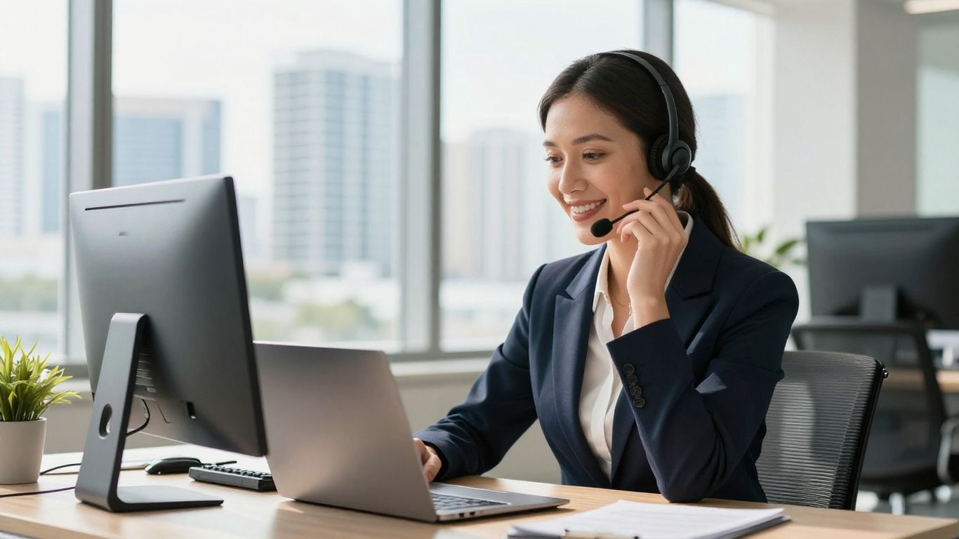 Miami virtual receptionist assisting a client over the phone.