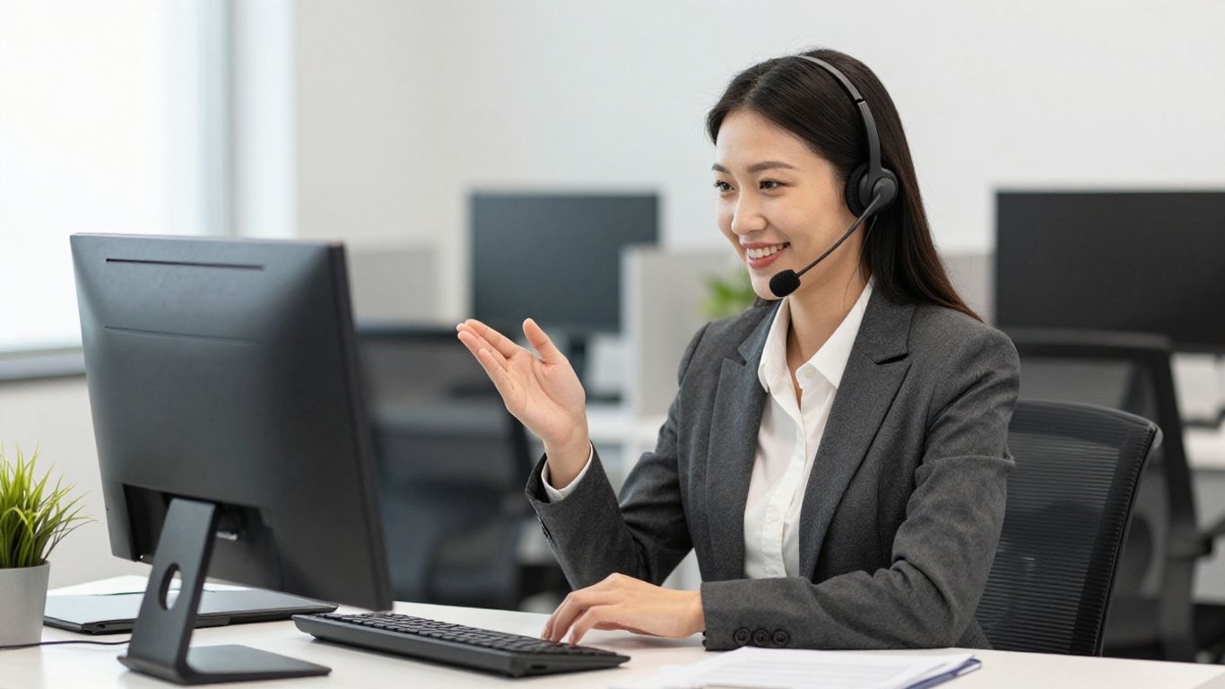 Professional woman answering calls with a headset.