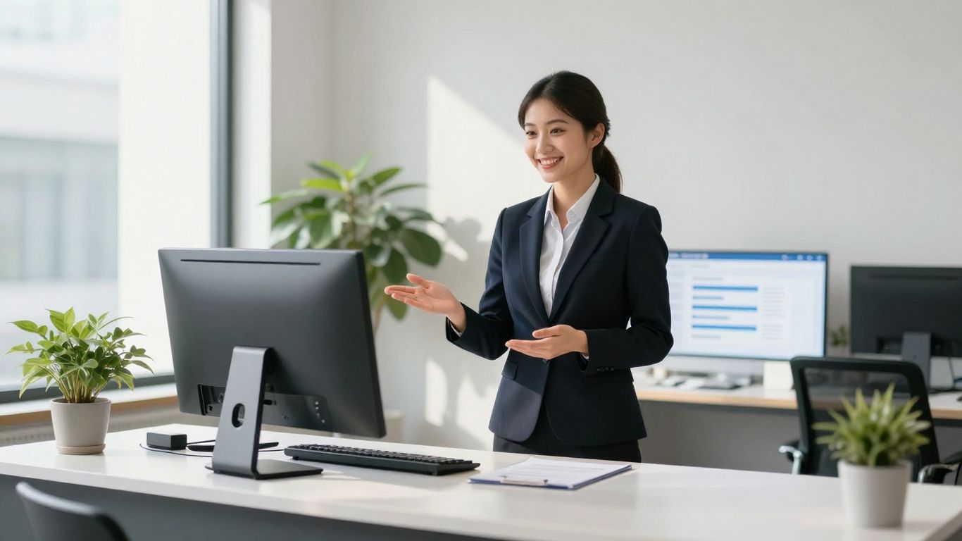 Professional receptionist answering a business call.