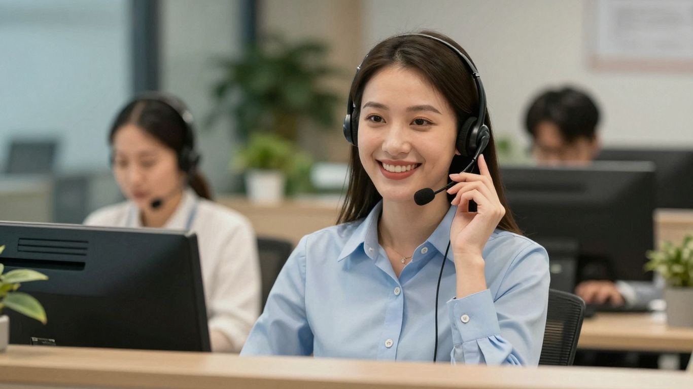 Professional receptionist answering a business phone call.