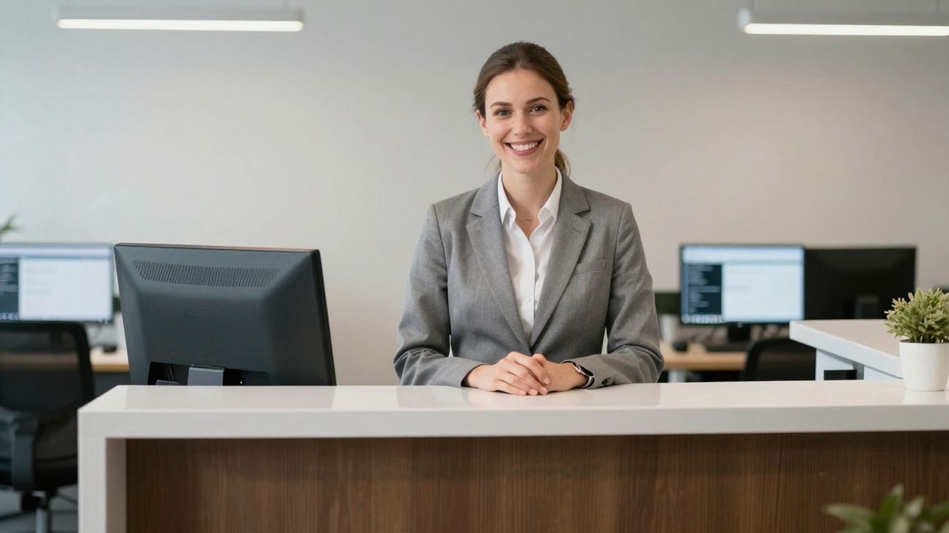Professional receptionist in a modern office.