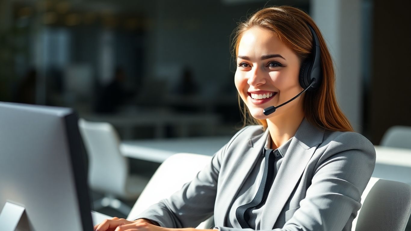Professional virtual receptionist answering calls with a headset.