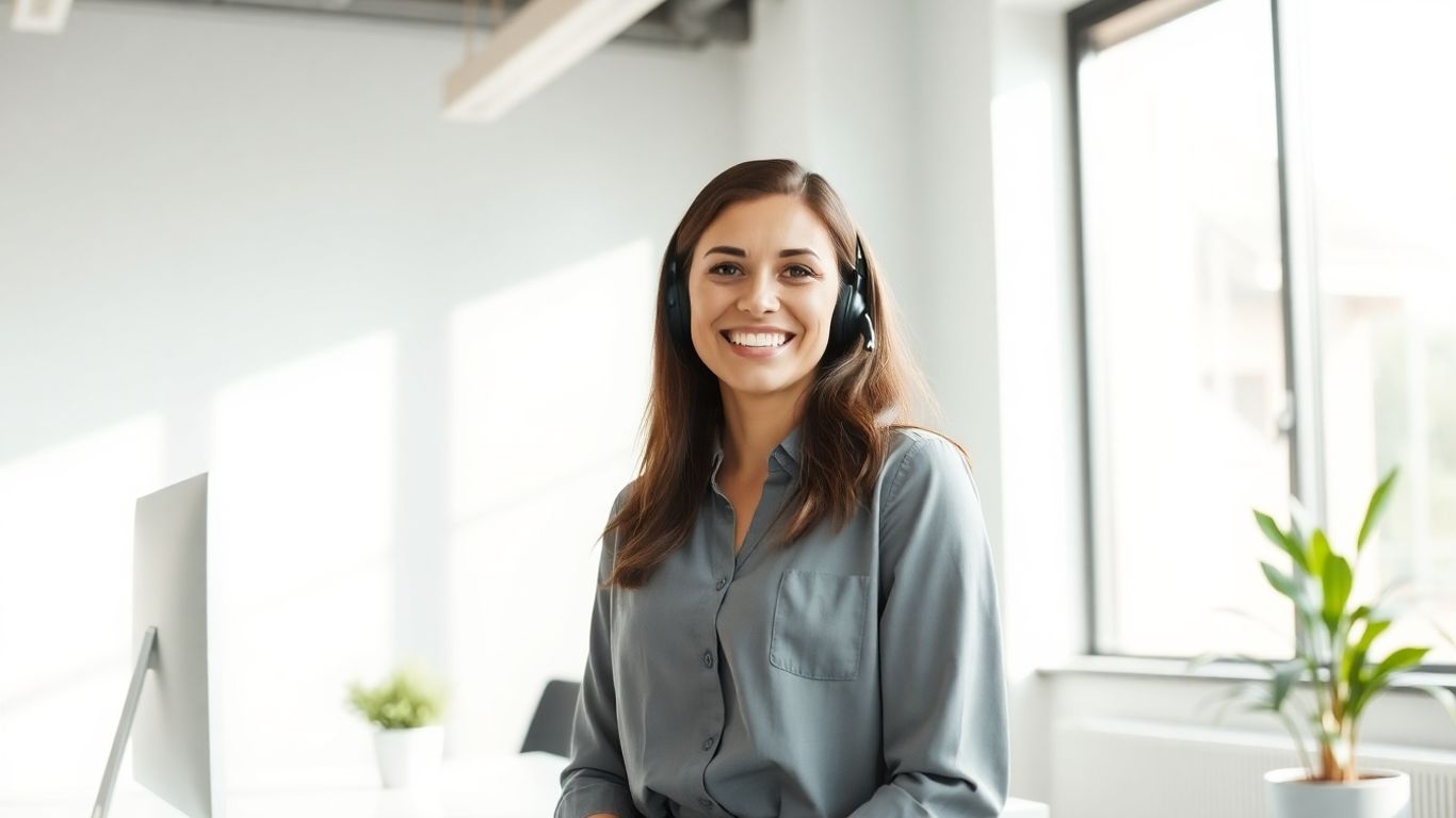 Professional woman with headset in a bright, modern office.