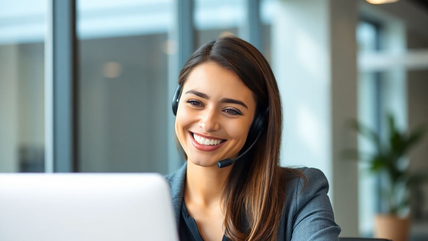 Professional woman with headset engaging in a call.