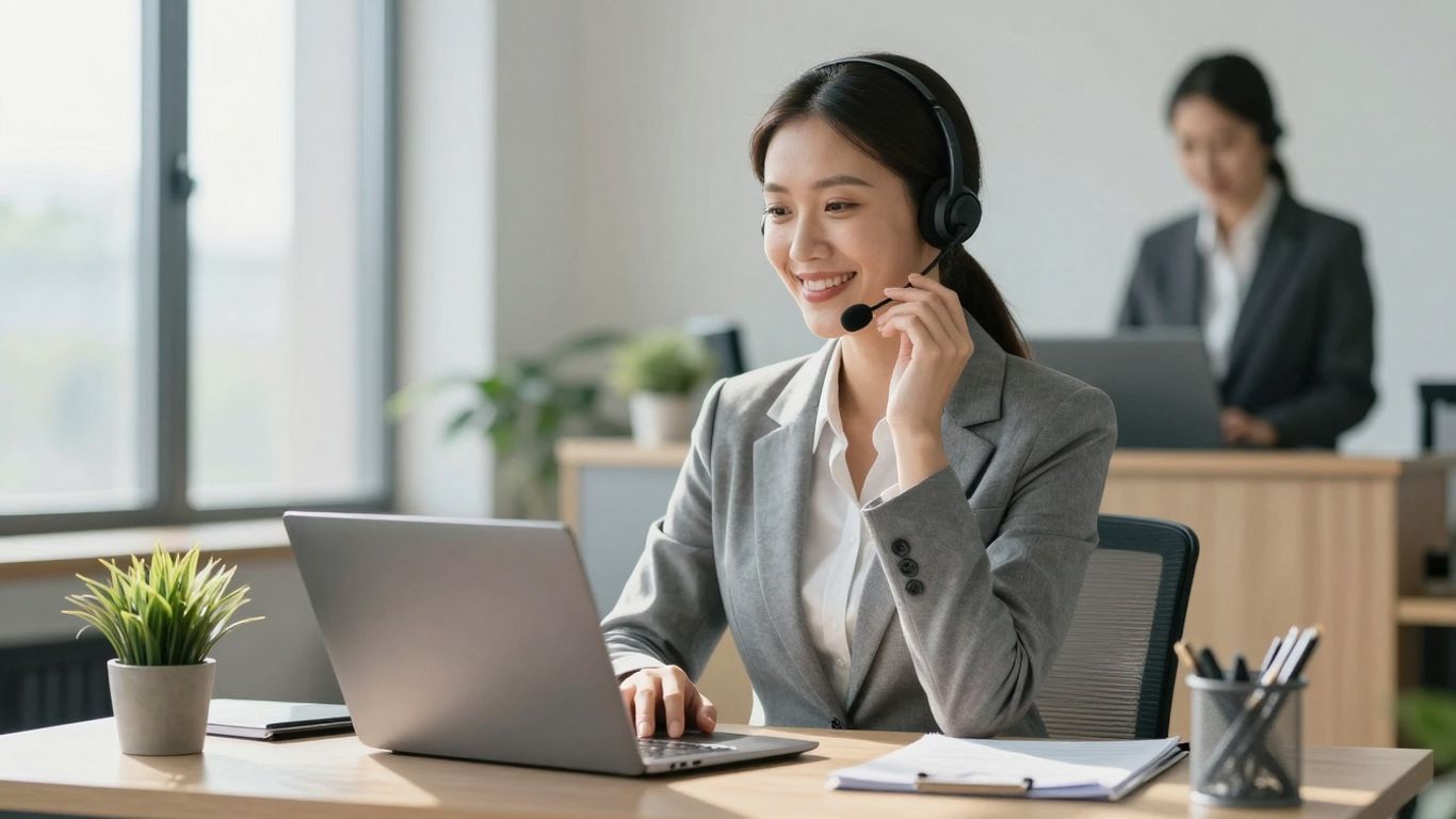 Virtual receptionist in Manitoba office with headset.