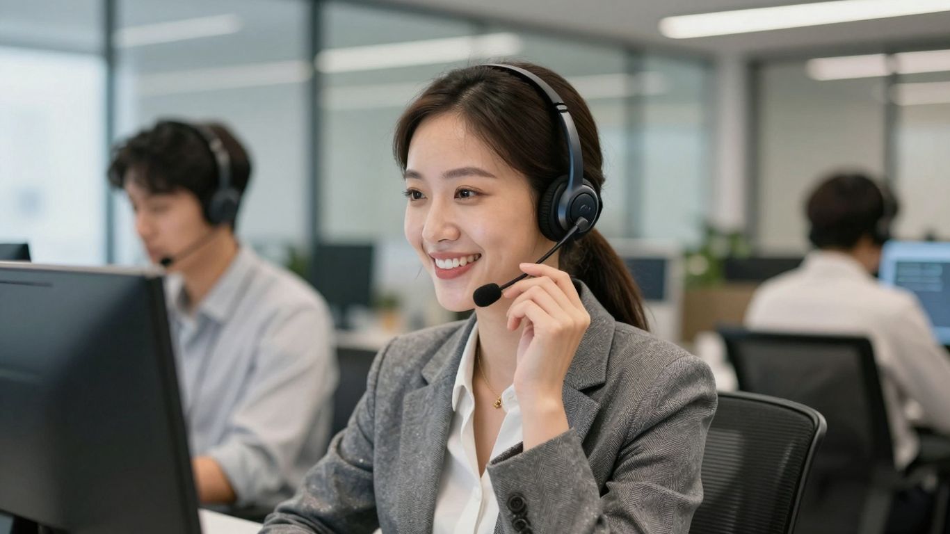 Professional receptionist with headset in a modern office.