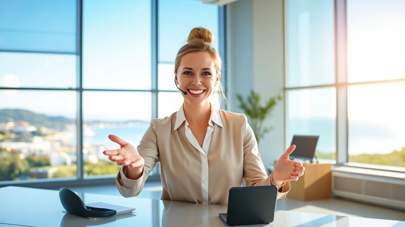 Professional receptionist in modern office with Gold Coast view.