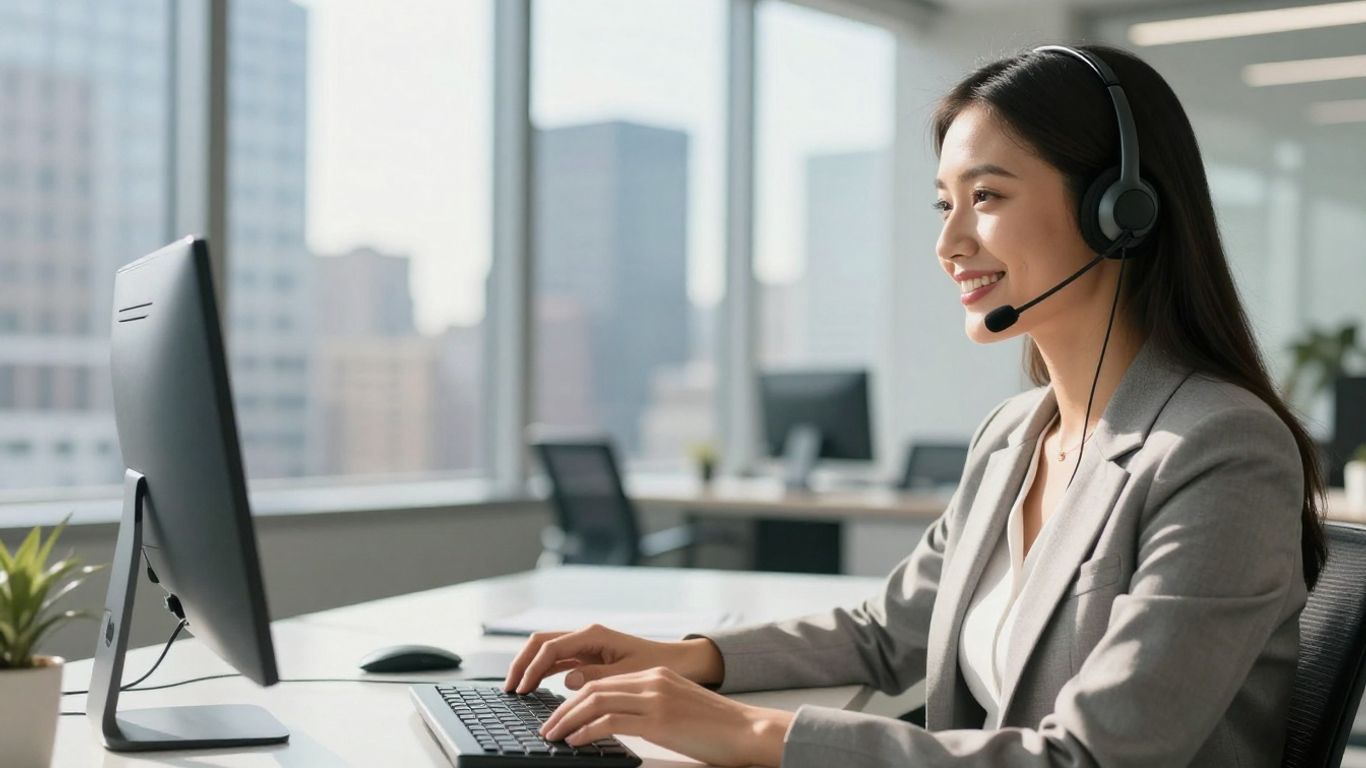 Businesswoman with headset in a New York office.