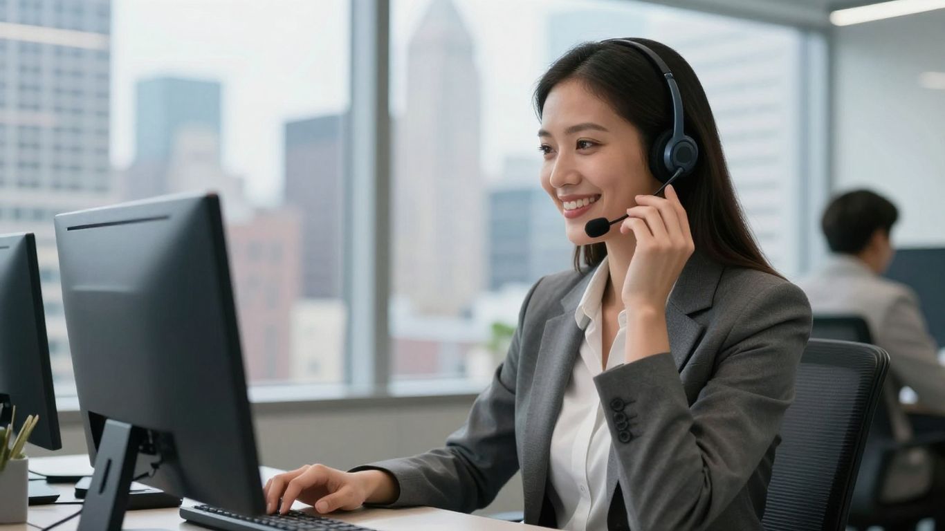 Professional woman with headset in NY office.