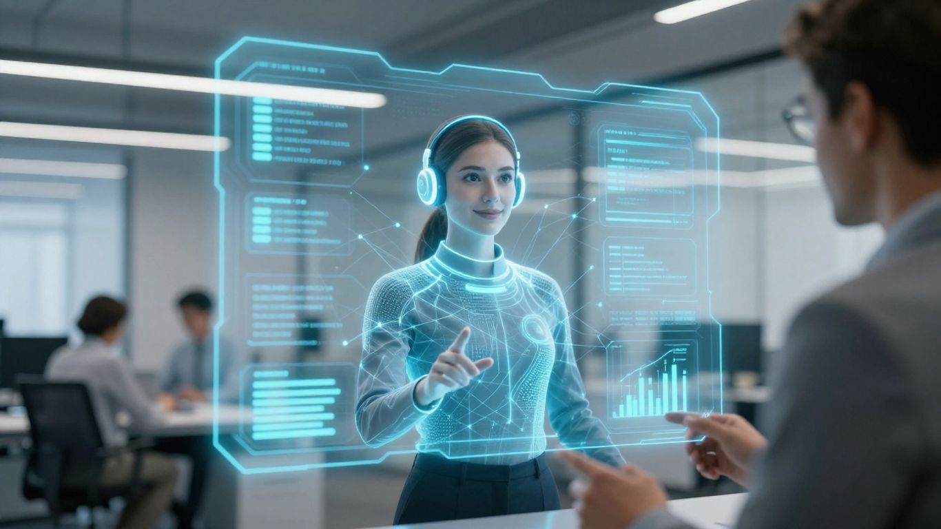 AI virtual receptionist interface in a modern office.