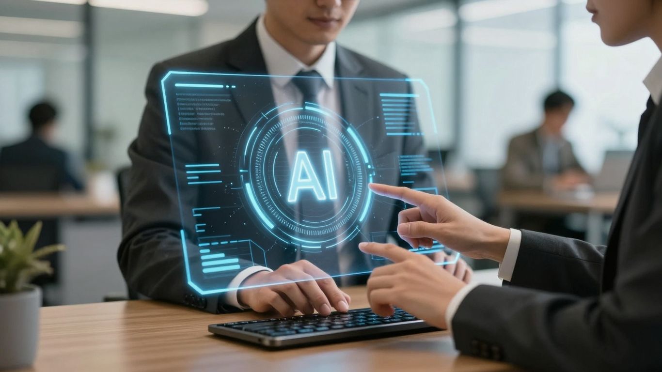 AI phone receptionist interface in a modern office.
