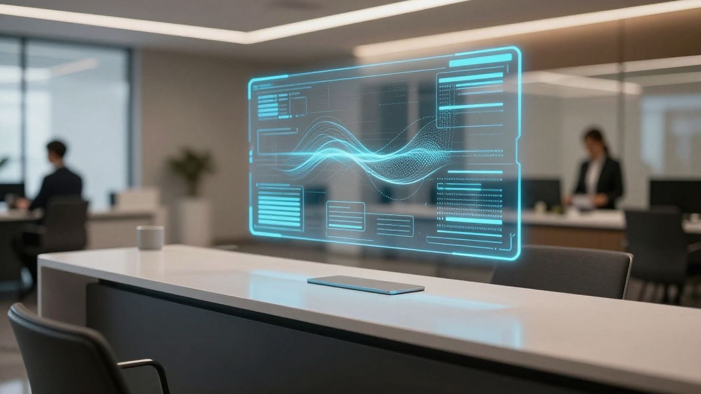 AI virtual receptionist interface in a modern office.