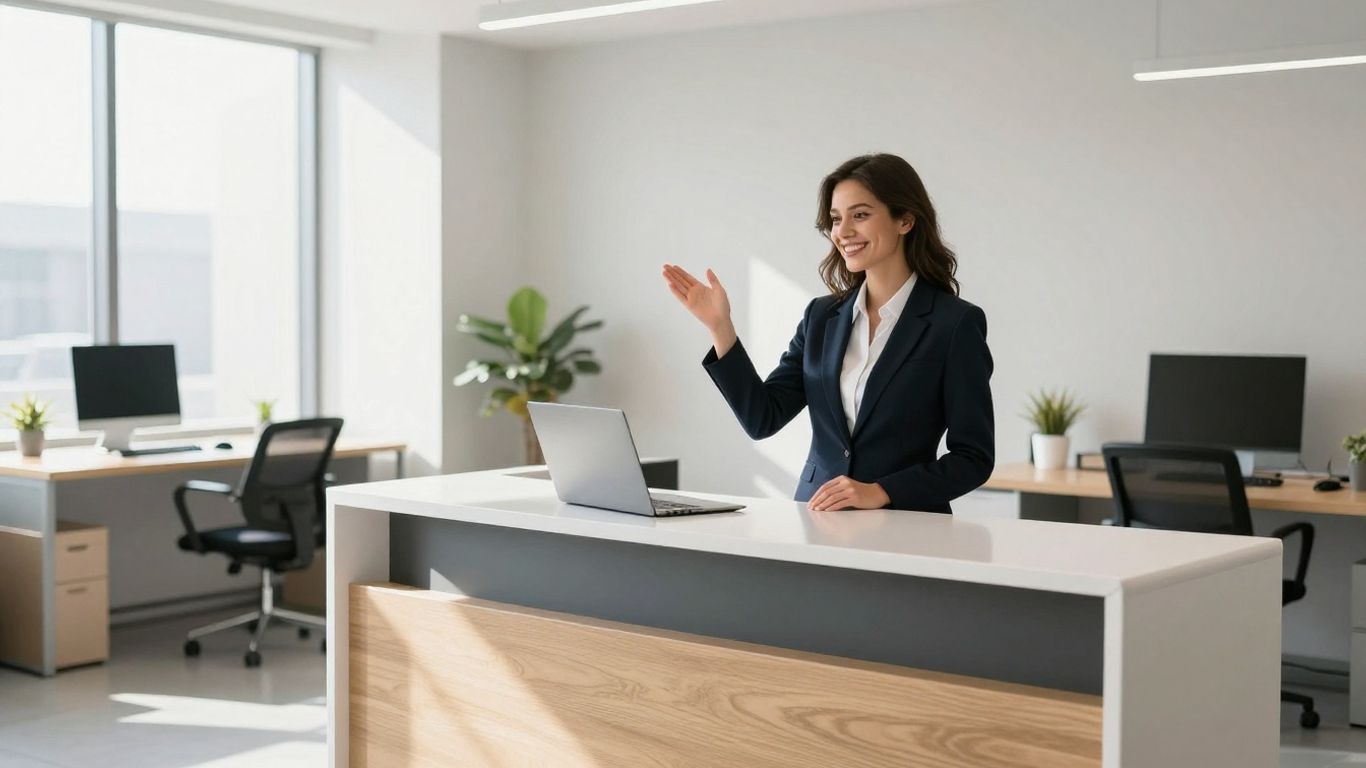 Professional receptionist in a modern office greeting a visitor.