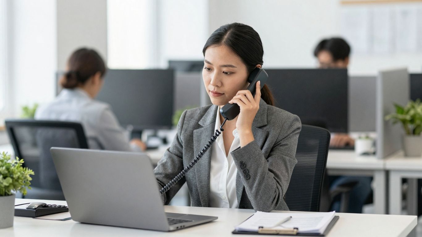 Professional businesswoman answering a phone in an office.