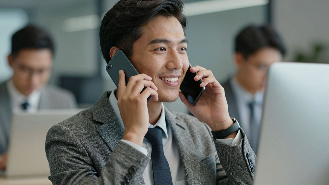 Business professional using a phone for live receptionist service.