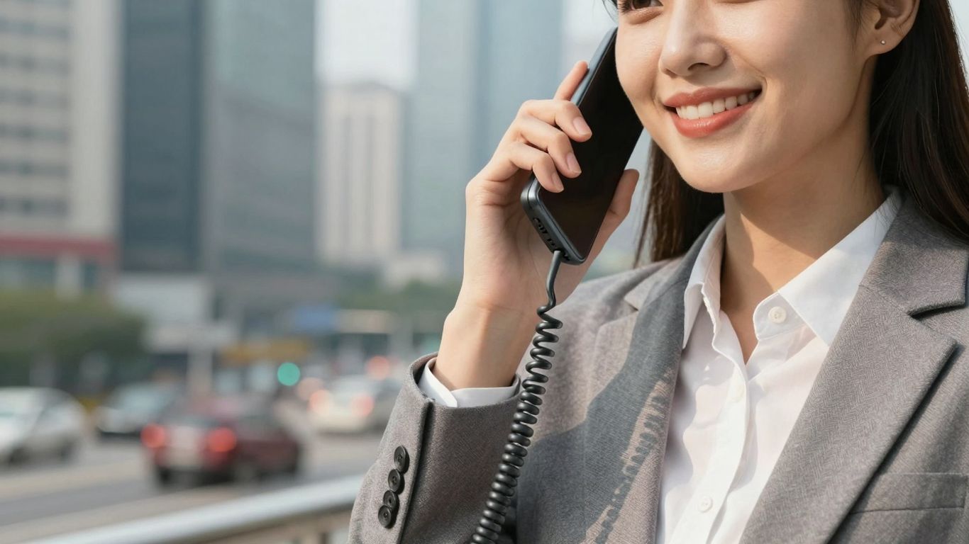 Business professional answering a phone with a smile.