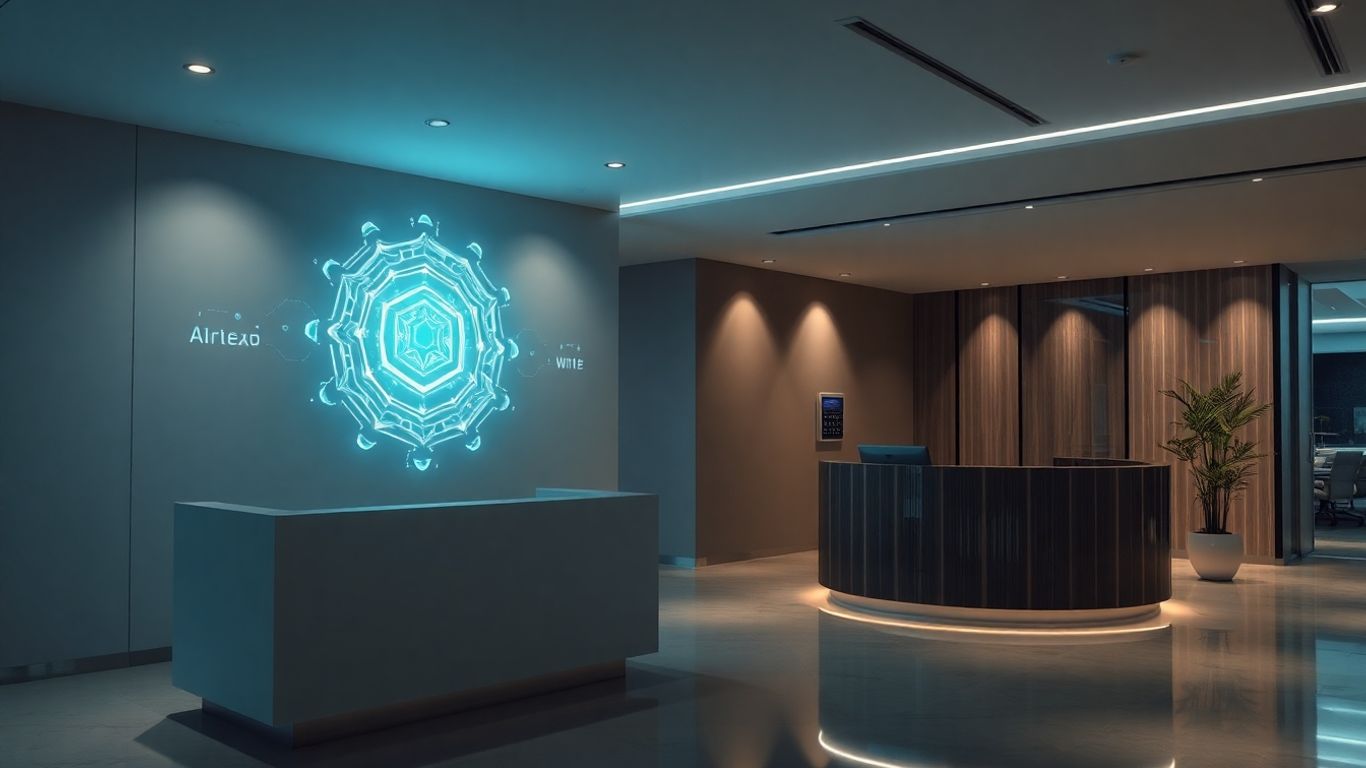 AI receptionist interface in a modern office.