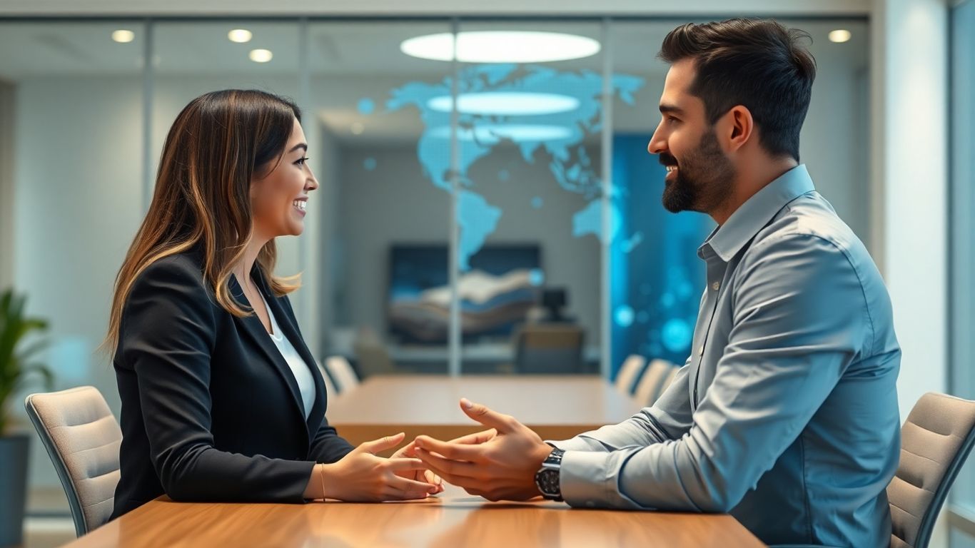 AI receptionist assisting a client in a modern office.
