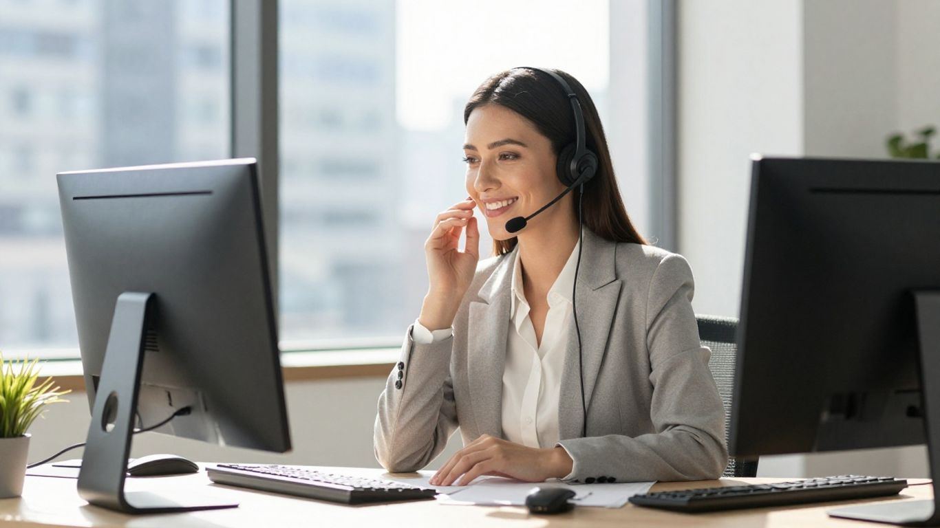 Professional receptionist answering calls in a modern office.