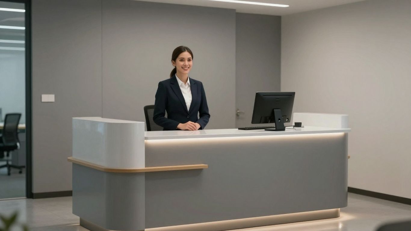 Professional receptionist in a modern office setting.