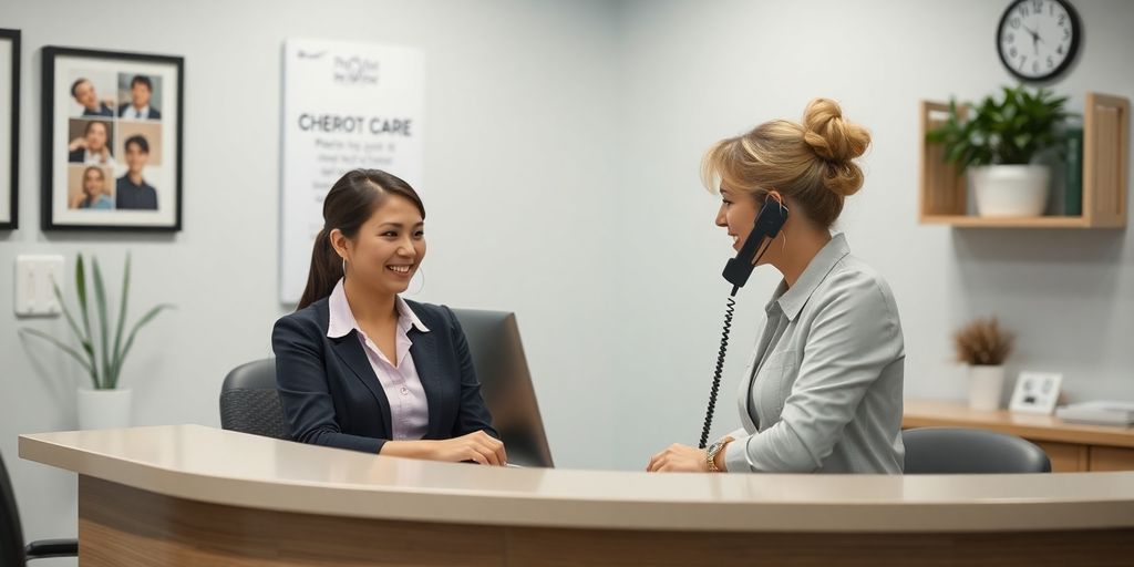 Chiropractor smiling with patient at desk