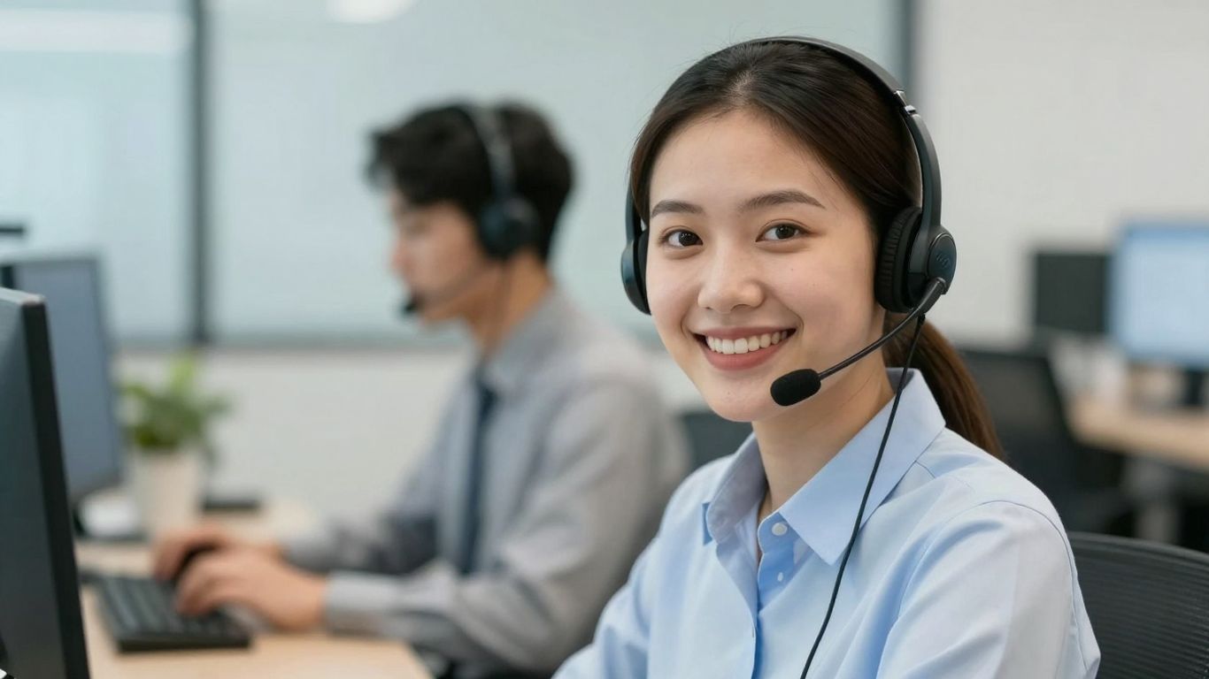 Professional call center agent with headset, modern office background.