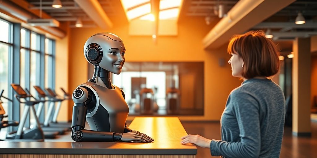 Fitness studio reception with a sleek AI robot.