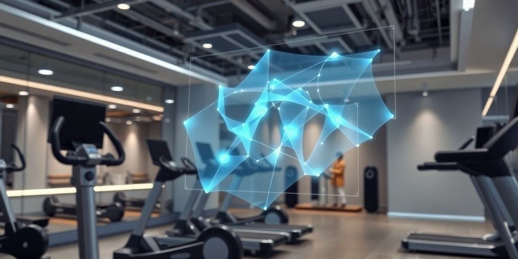 Fitness studio interior with AI answering service interface.