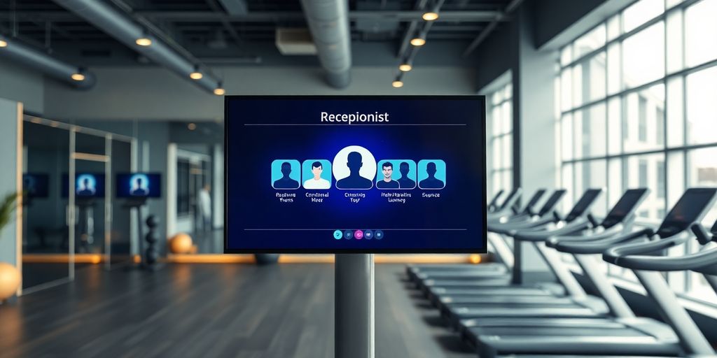 Fitness studio with AI receptionist interface on screen.