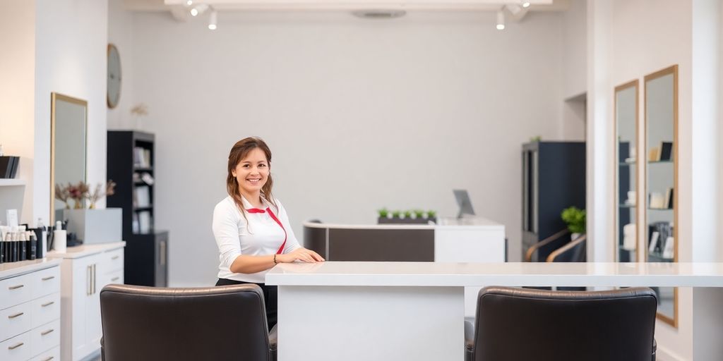 Hair salon interior with smiling receptionist.